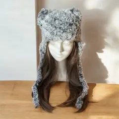 17 ハンドメイド　編み物　くま耳つきニット帽 猫耳　ビーニー　y2k グランジ