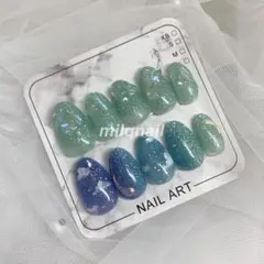 ネイルチップ 青/黄緑/オーロラ