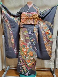振り袖(54) 長襦袢、袋帯、小物 セット グレー 成人式 振袖 着物 和服 