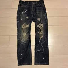 EDWIN 402 ダークブルーデニム W32 ダメージ&ペイント加工