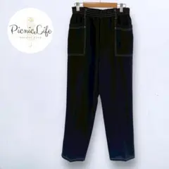 美品 ステッチデザインストレートパンツ スラックス デニム風 ゴム カジュアル