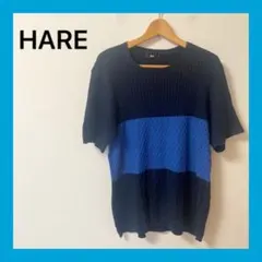 ☆HAREハレメンズバイカラー ニット 半袖セーターサイズLネイビー＆ブルーのサムネイル
