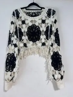 美品】SHEIN クロシェ編み フリンジ モチーフ トップス / ショート丈