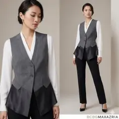BCBG MAXAZRIA【L】ベスト ジレ グレー 生地切替 毛 バックリボン