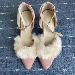 ファー付きピンクスエードハイヒール 22.5cm