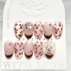 バレンタイン　マグネット　ヒョウ柄　フレンチ　ハート　ネイルチップ　つけ爪