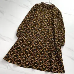 フランシュリッペ 猫×花柄ワンピース 長袖 フリル襟 Aライン 総柄 M ロングのサムネイル