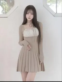 Darich ネックリボンデザインフレアニット ミニワンピース