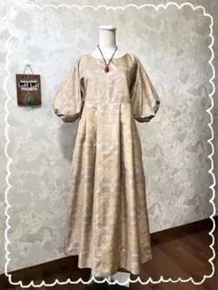 大島紬リメイク　ドルマンパフ袖ロングワンピース