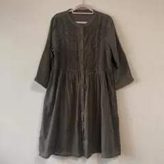 【綿100%】ピンタック＆レース 七分袖 チュニックワンピース カーキグレー M