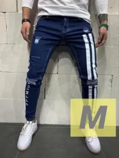 送料無料 スリム デニム ライン パンツ ボトムス スキニー 人気 ブルー M