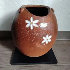 【新品】信楽焼 斑点花彫花瓶 ブラウン 金彩 丸型 球形 フラワーベース