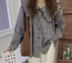 ギンガムチェック 長袖シャツ 大きな襟