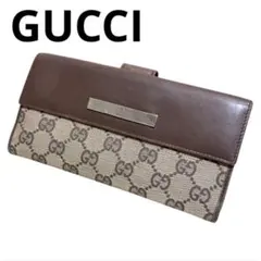 グッチ　長財布　レザー　GGキャンバス　ブラウン　Wホック　GG柄　ロゴプレート