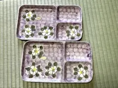 有田焼　手描き　花柄　仕切り皿　2枚組　２５×１５×２㎝　紫　醤油皿　箸置　四角