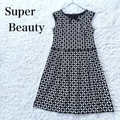 スーパービューティー 幾何学柄 ノースリーブワンピース Aライン きれいめ 黒白