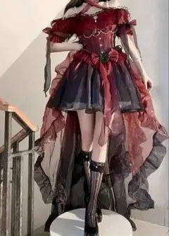 赤黒パーティードレス ロリータホルタードレス、ふんわりプリンセスドレス