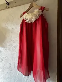 キッズドレス レッド シフォン 花モチーフ