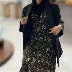 M ブラック ワンピース 長袖 スカート ドレス 花柄 大人 上品 落着き
