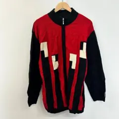90s デザインニット ジップ 赤黒 オーバーサイズ 古着