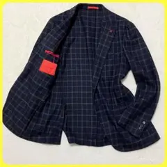 美品 ISAIA カシミヤ混 チェック 2B テーラード ジャケット 46 紺のサムネイル
