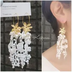 No.104 ゴールドフラワー×パール×ホワイトレースタッセルピアス イヤリング
