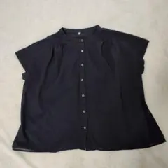 無印　スタンドカラーブラウス　フレンチスリーブ　M-Lサイズ　ブラック綿100