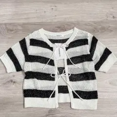 新品タグ付き♡しまむら 半袖 カーディガン L ボーダー レース編み 総柄