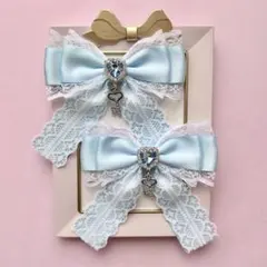 ライトブルー 白レース ハート鍵チャーム付き ヘアクリップ 2個セット 水色