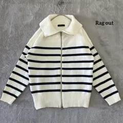 Rag out ボーダー ニット M ホワイト 襟付き Wジップ アベイル