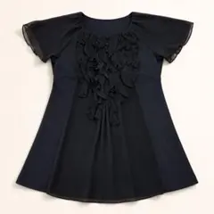 Bon Sens ボンサンス フリルデザイン 半袖シフォンチュニック 黒 38のサムネイル