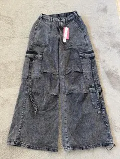 カーゴデニムパンツ ブラック ワイドレッグ