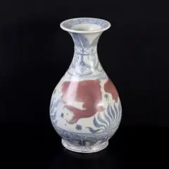 中国　釉裏紅　魚藻文瓶　玉壷春瓶　C　3737 中国 釉裏紅 魚藻文瓶 玉壷春瓶 C 3737