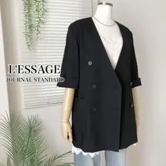 【2023SS】L'ESSAGE ピケリネンノーカラージャケット 半袖 黒のサムネイル