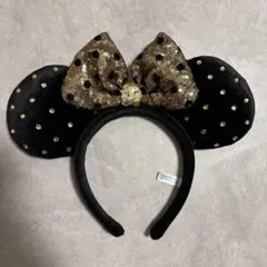 ミニーマウス風カチューシャ 黒と金のドット 水玉