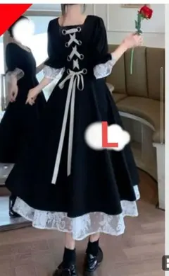 ラス1　新品Lガーリー地雷系ゴシック調背中リボン編み上げレース切替ワンピース半袖