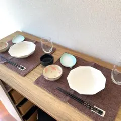 食器セット 八角形白い食器・桜柄小皿・葉っぱ皿・ニトリお箸・グラス・黒い小皿