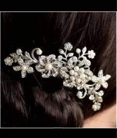 花と葉のヘアサイドコーム　クリスタルラインストーンフェイクパール装飾