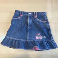 デニムブルー フリルスカート リボン刺繍