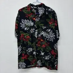 半袖アロハシャツ 黒　赤　花柄　L ヤ10