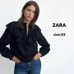 ZARA ザラ フリル シャツ ブラウス 刺繍 レース ブラック レディース .