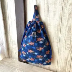 sale！ハンドメイド.青系.アメリカン柄.巾着大きめ