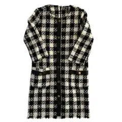 【美品】ZARA ツイードワンピース チェック 金ボタン フリンジ S【F74】