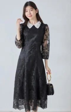 【新品タグ付】取り外し可能な立体フラワー襟付きレースワンピース　トッコ　ブラック