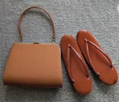オレンジ格子柄バッグと草履のセット（未使用ですが難あり）