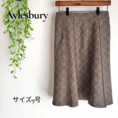 b2707アリスバーリー チェック柄フレアスカート ウール混ひざ丈ブラウン系9号