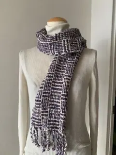 紫と白のツイードマフラー フリンジ付き