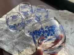 青い花柄ガラスコップ 5個セット