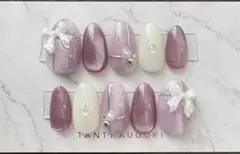 ネイルチップ　オーダー　ニュアンス　マグネット　水光　リボン　紫
