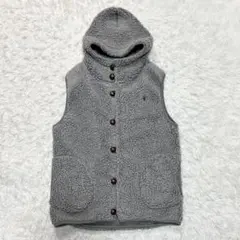 美品 ジムフレックス ボア フリースベスト ロゴ フード くるみボタン グレー